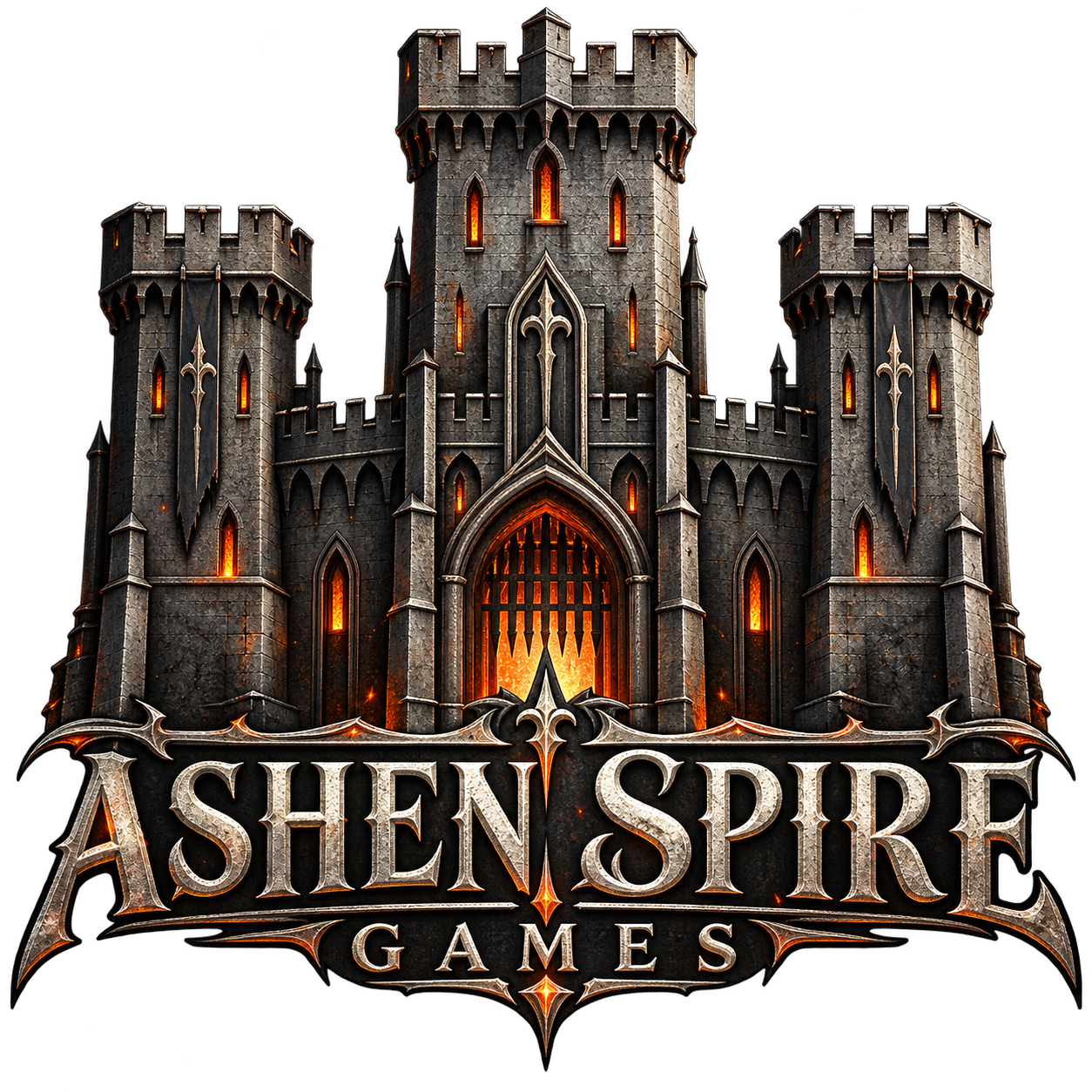 Ashen Spire Games dark fantasy castle logo